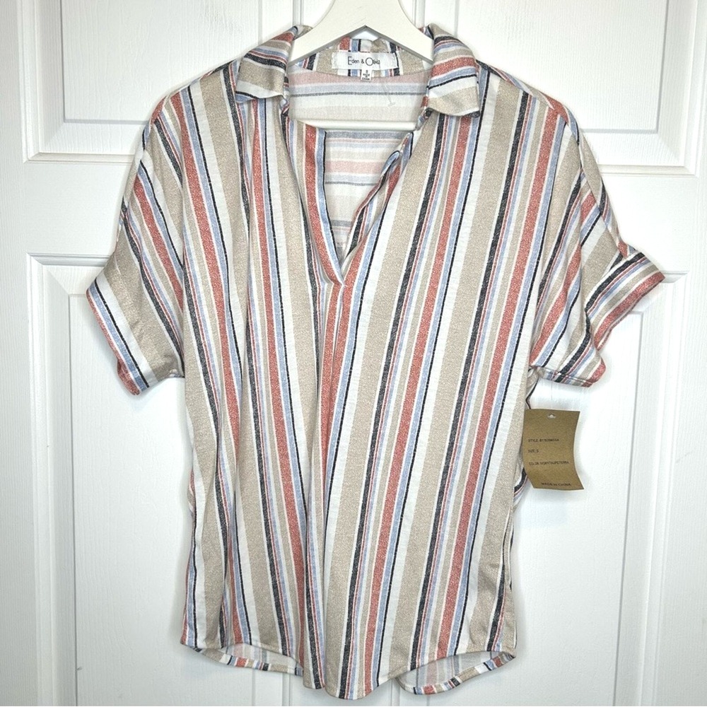 Eden & Olivia Striped Short Sleeve Top, Button Back Detail, Collared Shirt S